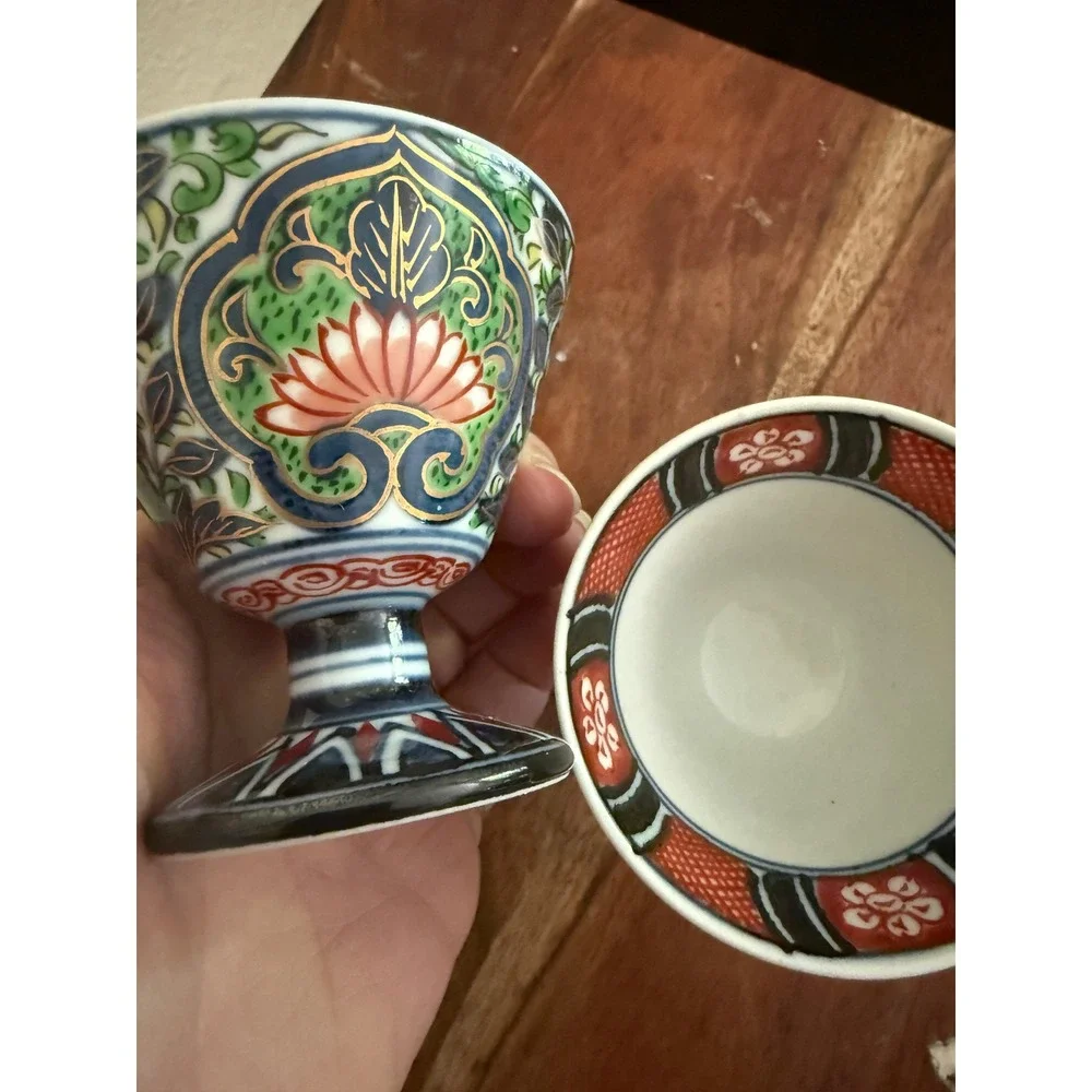 Vintage Japanese Imari Porcelain Sake Cups Set -2 Hand Painted Gold Gilt Footed